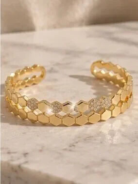 Gold Honeycomb Pave Open Cuff Bracelet